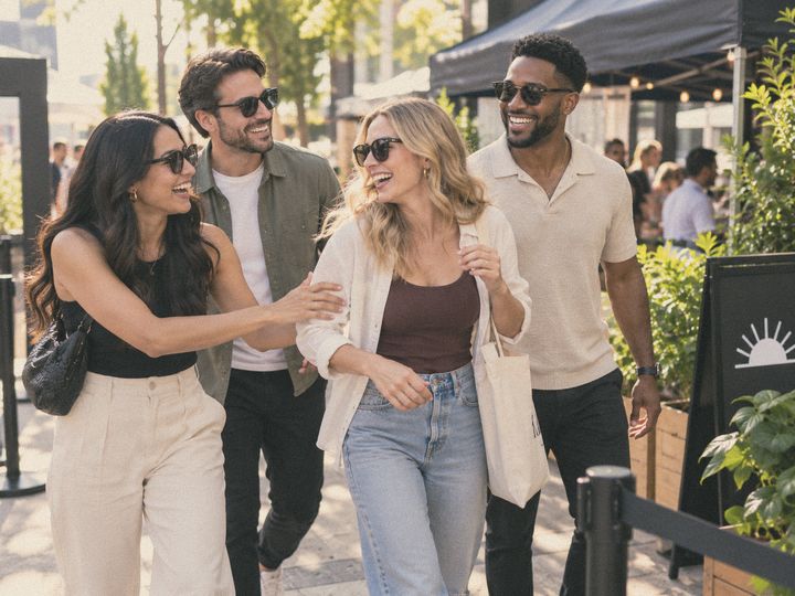 Friends hurry into a pop-up event together