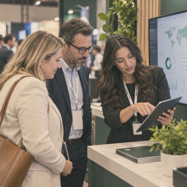 Two buyers lean in during a product demo at a trade show booth