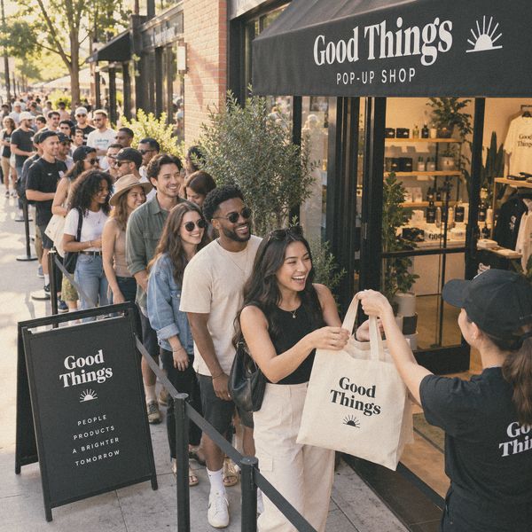 A line of people waits outside a branded pop-up shop